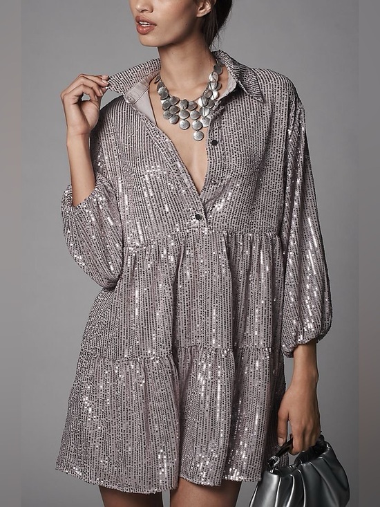 Maeve Dresses & Skirts - Maeve Anthropologie Bettina Silver Sequined Tiered Shirt Dress, Size Large